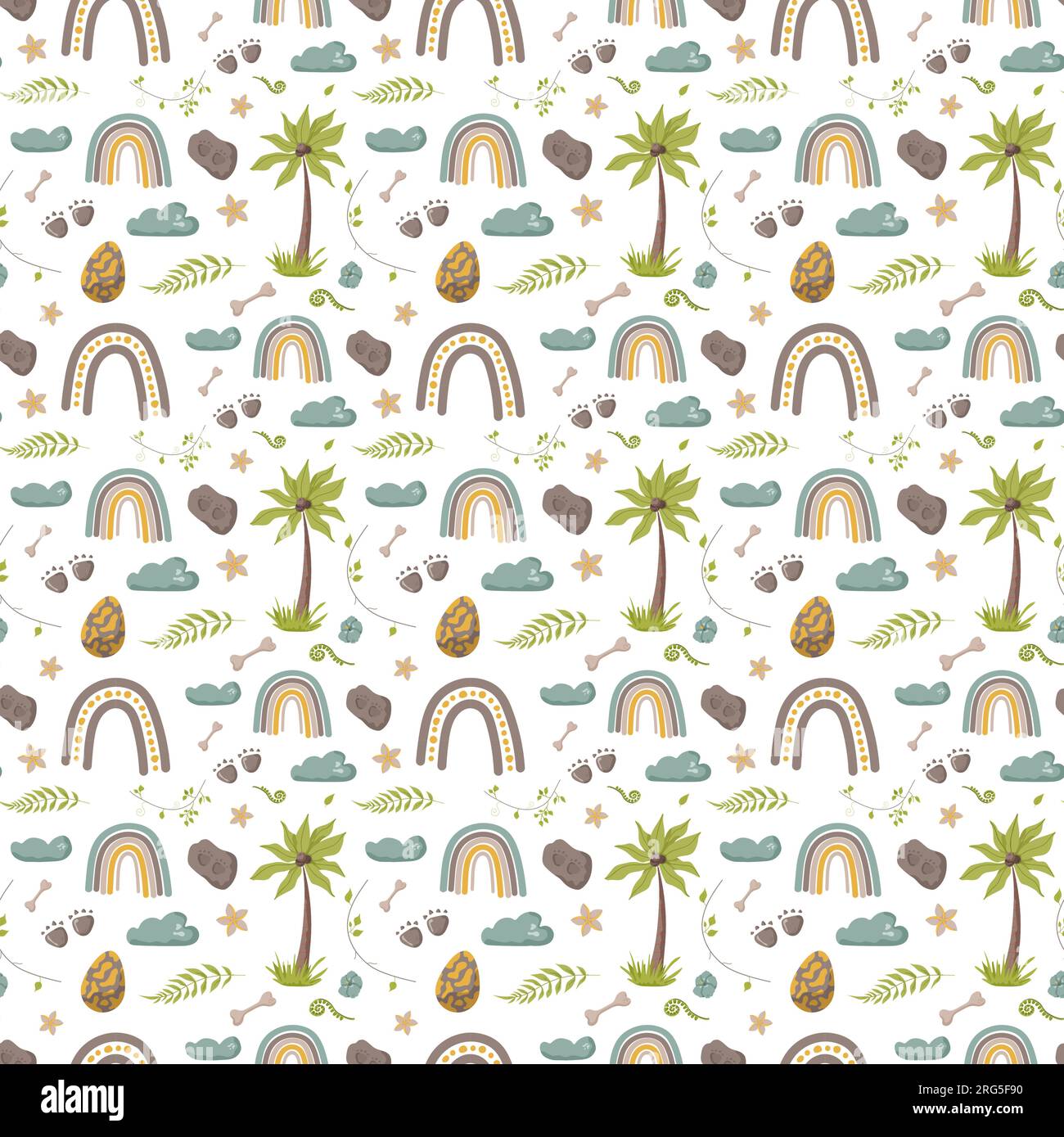 Nahtlose Muster-Fußabdrücke von Dinosauriern. Minimalistischer farbiger Hintergrund mit Pfoten, Steinen, Regenbogen. Nahtloses Muster mit Dinosaurierabdruck, perfekt für Stock Vektor
