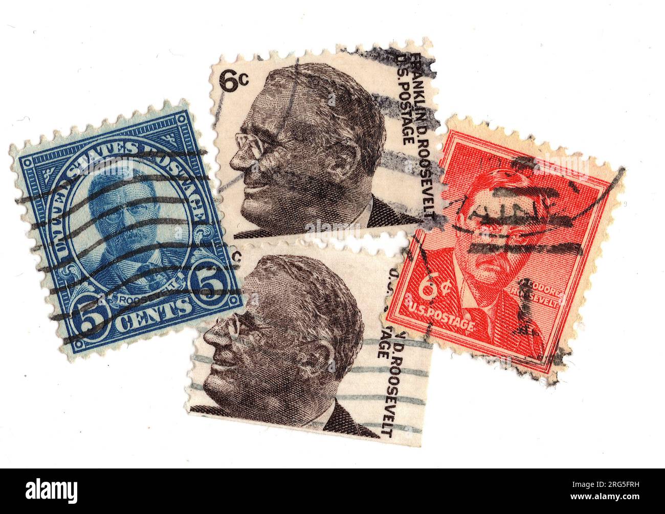Eine Montage klassischer Briefmarken aus den USA mit Porträts von Franklin D Roosevelt auf weißem Hintergrund. Stockfoto