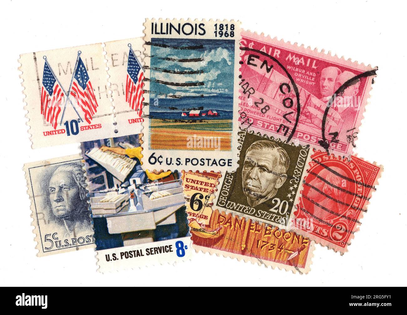 Eine Zusammenstellung klassischer Briefmarken aus den USA mit Erbe und Kultur. Stockfoto
