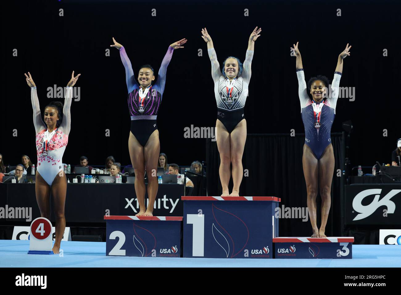 5. August 2023: Gewölbemedaillengewinner beim U.S. Classic. Joscelyn Roberson gewann Gold, Leanne Wong Silber und Skye Blakely Bronze. Addison Fatta wurde vierter. Der Core Hydration Classic 2023 findet in der NOW Arena in Hoffman Estates, Illinois, statt. Melissa J. Perenson/CSM Stockfoto