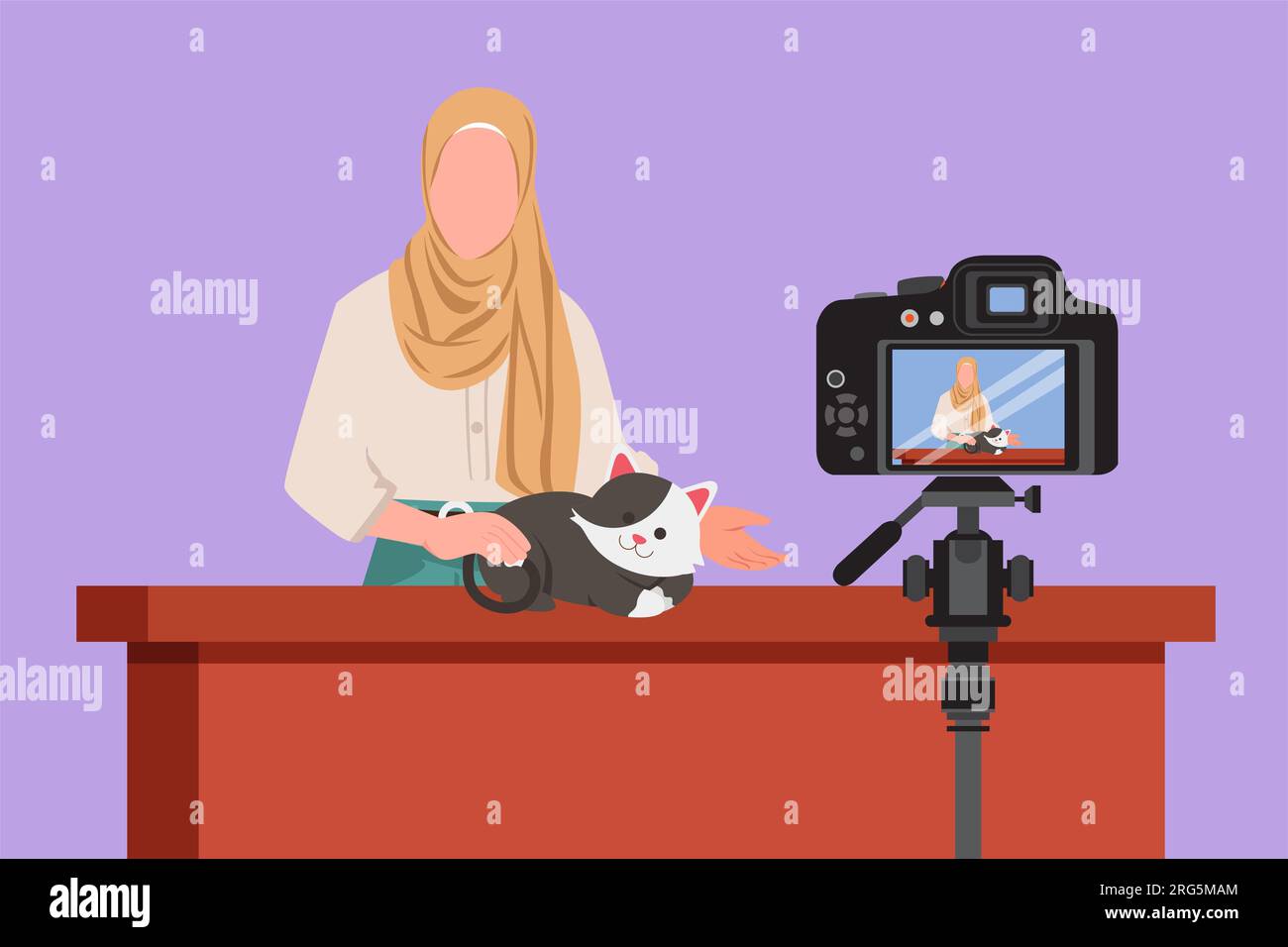 Flaches Grafikdesign, das arabische Veteranen-Blogger zeichnet, der mit Katzen vor der Kamera sitzt und ein Video-Blog über Tiere aufnimmt. Zoopsychologe, der CO erstellt Stockfoto