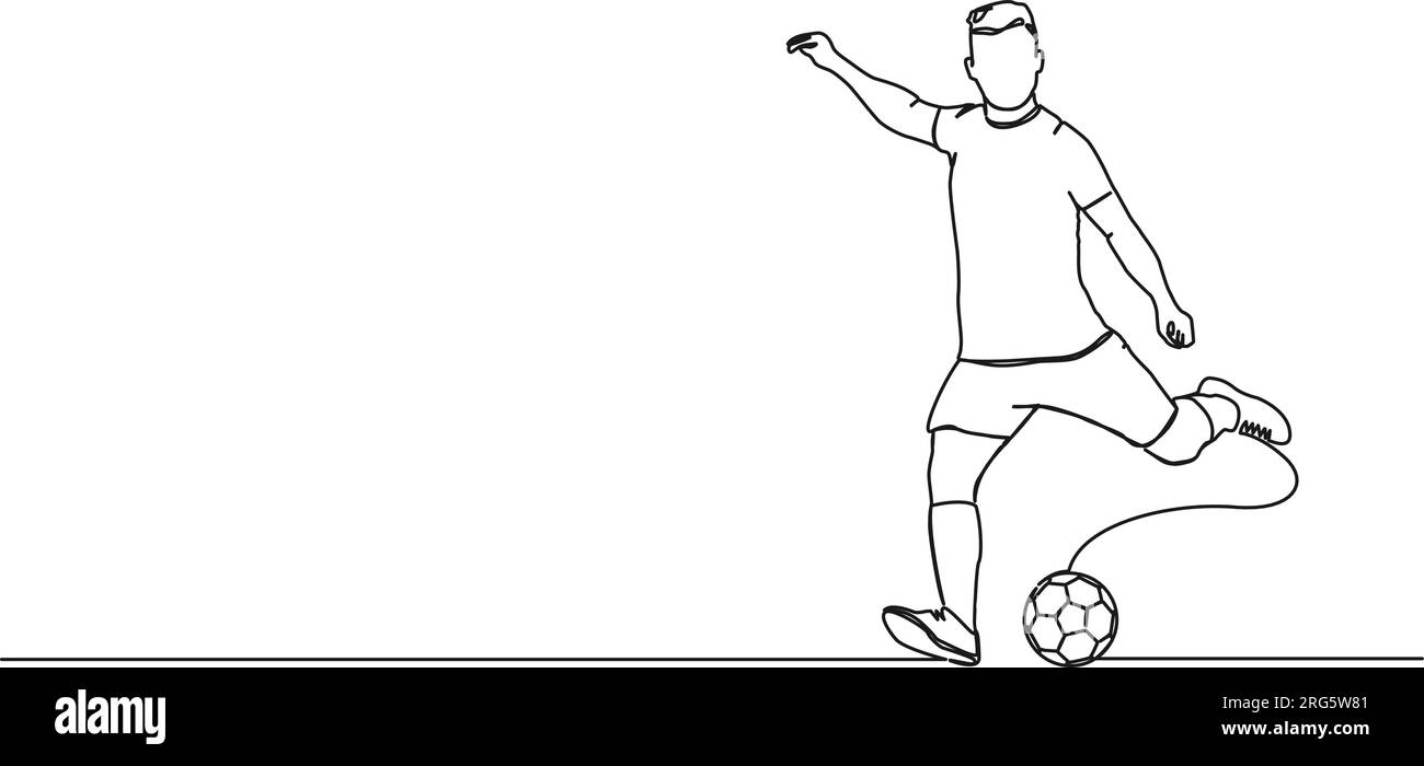 Fortlaufende einzeilige Zeichnung eines Fußballspielers mit Kickerball, Strichgrafiken-Vektordarstellung Stock Vektor