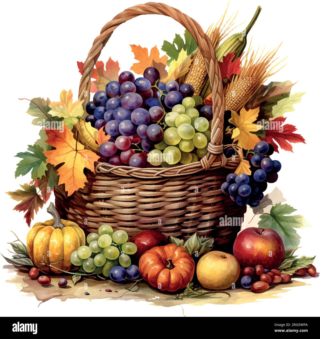 Thanksgiving Cornucopia Aquarell. Poster, Banner, Grußkarte. Vektordarstellung. Weihnachtsgrußkartensammlung. Illustration der Speisen. Stock Vektor