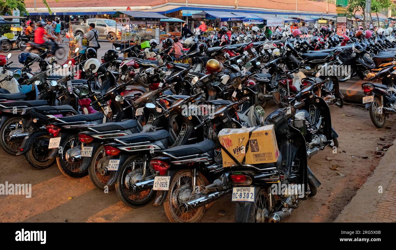 Siem Reap, Kambodscha, 22. Dezember 2018. Typischer asiatischer Parkplatz für Mopeds, viele Fahrzeuge auf dem Parkplatz, Roller. Stockfoto