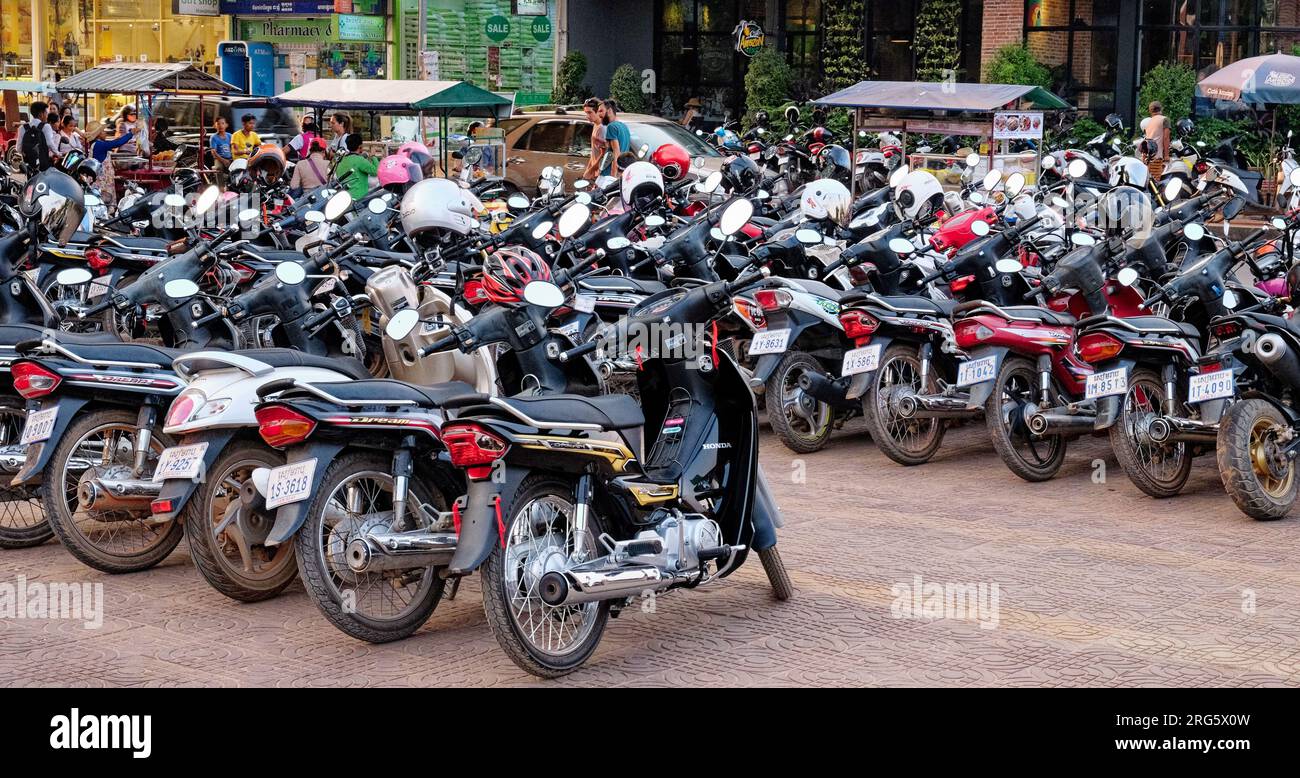 Siem Reap, Kambodscha, 22. Dezember 2018. Ein allgemeiner Anblick in Asien: Mopeds wurden ordentlich auf einem Parkplatz geparkt. Stockfoto