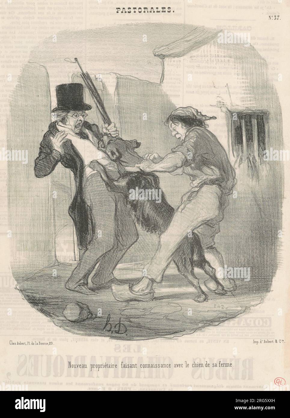 Nouveau propriètaire faisant connaissance avec le chien ... 19. Century von Honoré Daumier Stockfoto