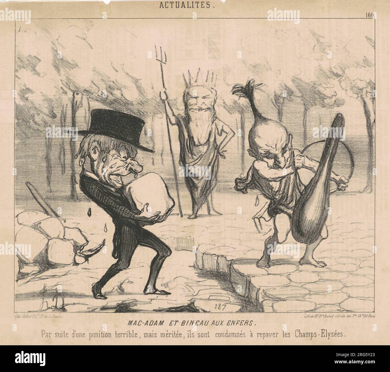 Mac-Adam [sic] et Bineau aux enfers. Par Suite d'une Strafe schrecklich, mais méritée, ils sont condamnés à repaver les Champs Elysées. 13. Juli 1850 von Honoré Daumier Stockfoto
