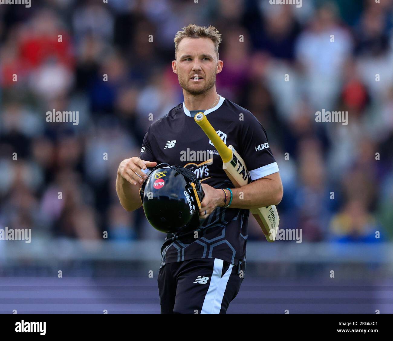 Manchester, Großbritannien. 07. Aug. 2023. Laurie Evans von Manchester Originals ist während des Spiels Manchester Originals vs. Birmingham Phoenix in Old Trafford, Manchester, Großbritannien, am 7. August 2023 (Foto von Conor Molloy/News Images) am 8./7. August 2023 in Manchester, Großbritannien, auf 21 Läufen zu sehen. (Foto: Conor Molloy/News Images/Sipa USA) Guthaben: SIPA USA/Alamy Live News Stockfoto