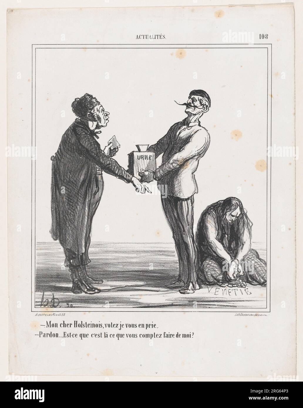 - Mein lieber Holsteiner, ich bitte Sie, zu wählen. - Entschuldigen Sie, aber werde ich auf die gleiche Weise enden wie dieses? Aus "News of the Day", veröffentlicht in Le Charivari, 23. Juni, 1866 23. Juni 1866 von Honoré Daumier Stockfoto