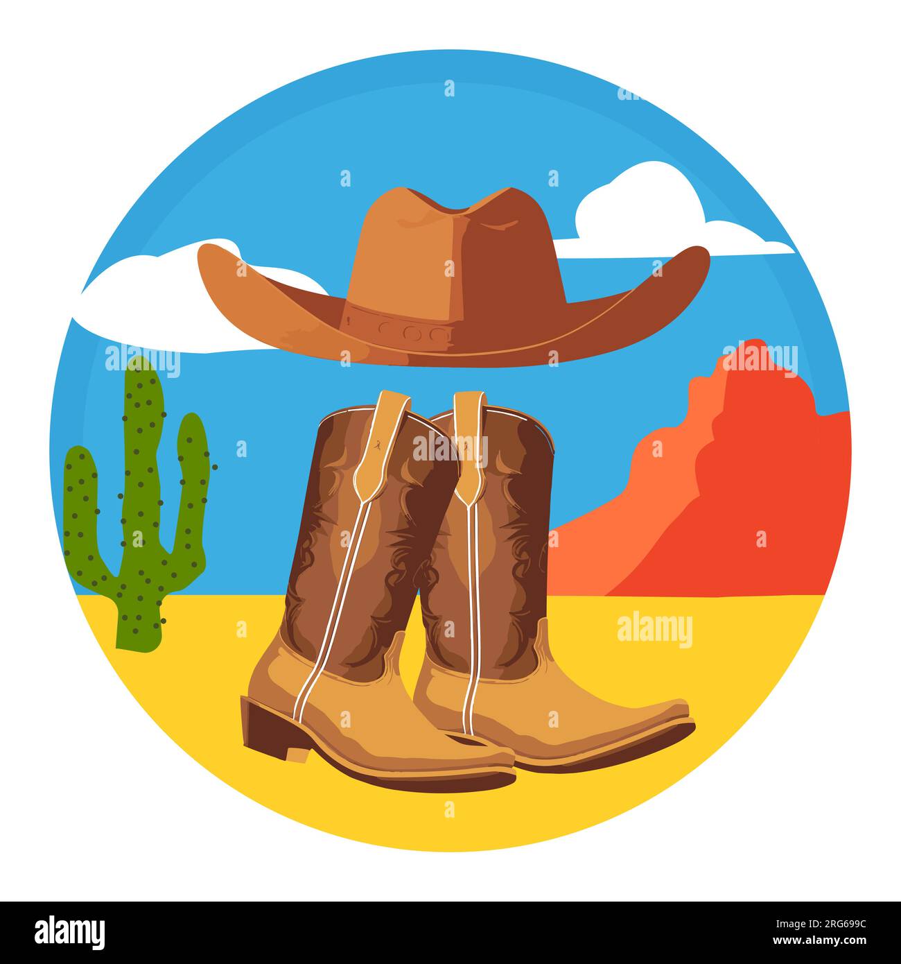 Rodeo. Amerikanische Cowboystiefel und Hut in einer Wüstenlandschaft im Westen Arizonas. Wild-West-Konzept. Vintage-Cowboy-Druck. Isolierter Vektor. Stock Vektor