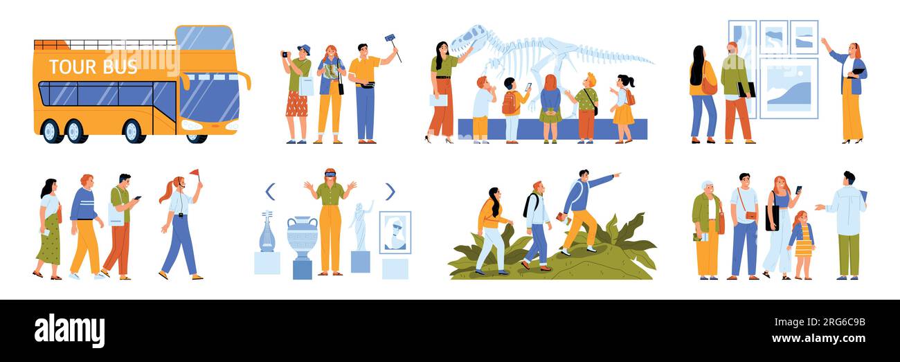 Reiseleiter und Ausflug mit Besichtigungssymbolen flache isolierte Vektorbeleuchtung Stock Vektor