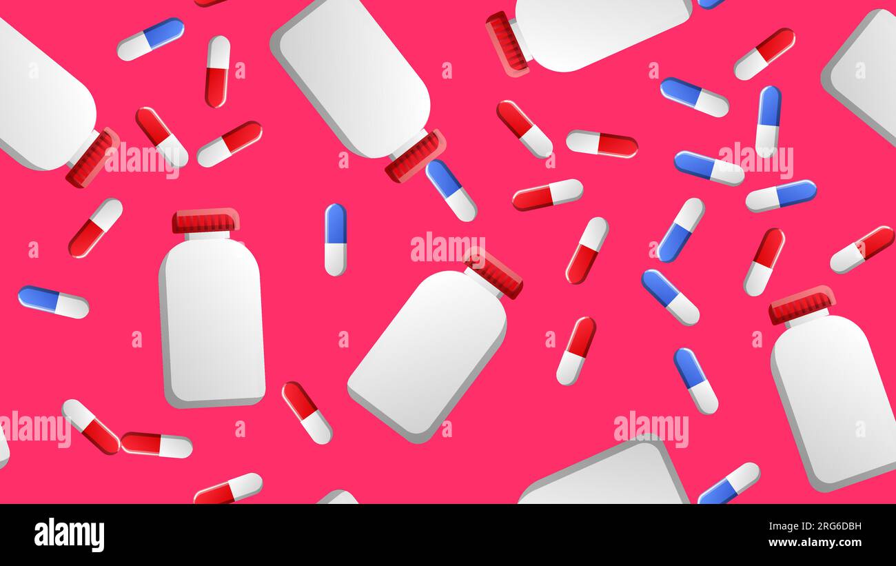 Endloses nahtloses Muster von medizinisch-wissenschaftlichen medizinischen Artikeln von pharmakologischen Gläsern für Pillen und Medizin Pillen Kapseln auf rosa Hintergrund. Vecto Stock Vektor