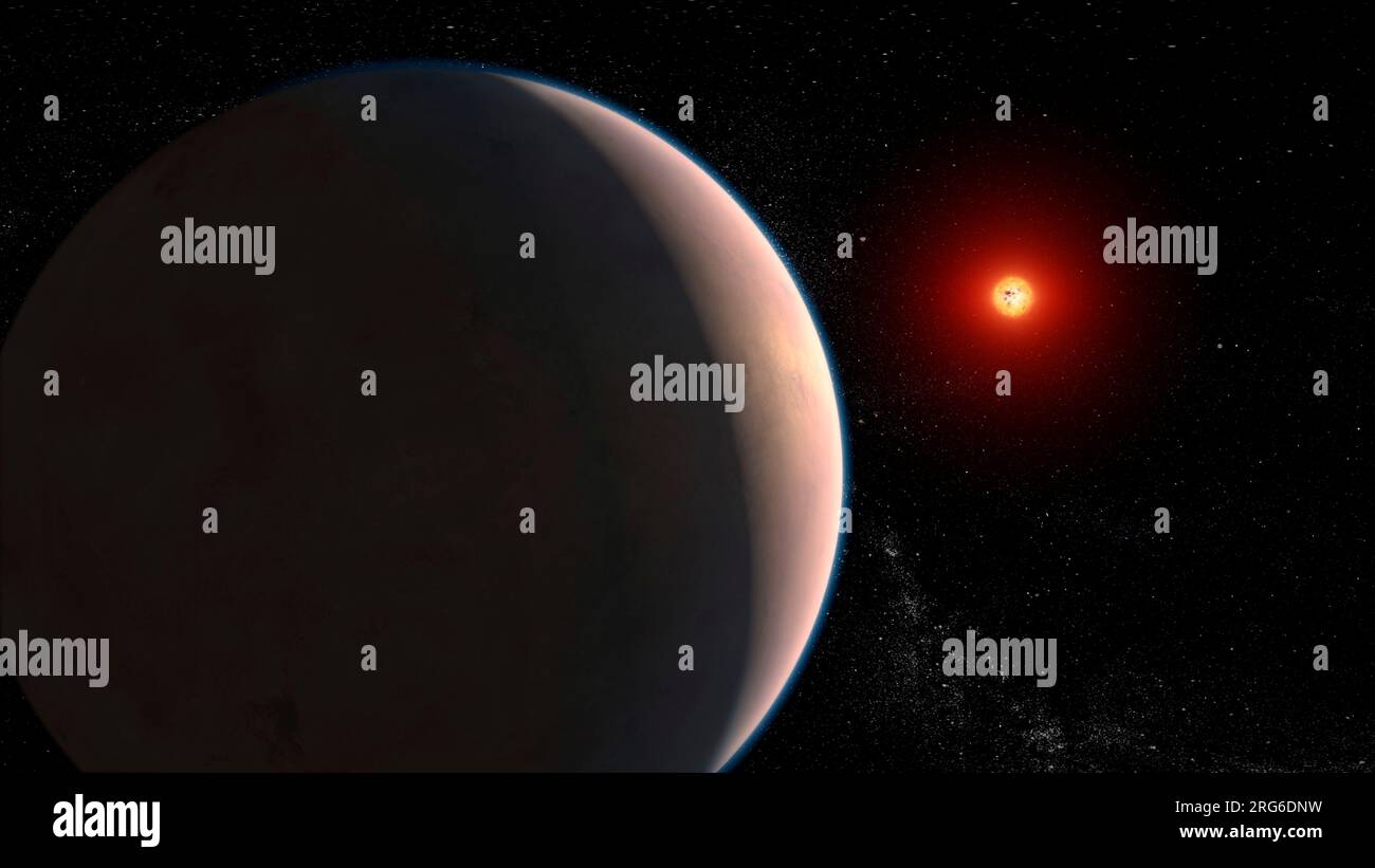 Künstlerkonzept des felsigen Exoplaneten GJ 486 b, der einen roten Zwergstern umkreist. Stockfoto