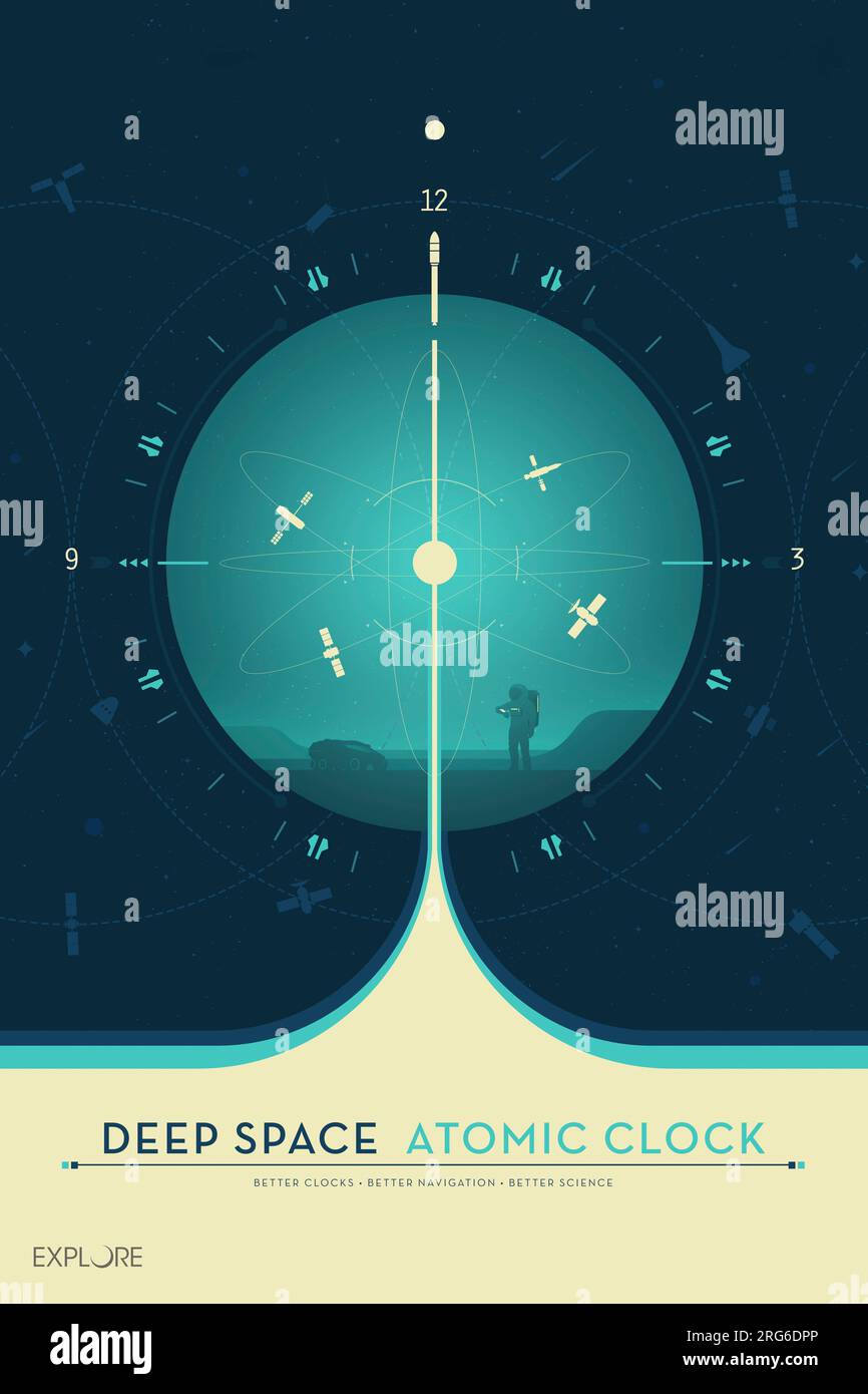 Deep Space Atomic Clock Poster, blaue Version. Stockfoto