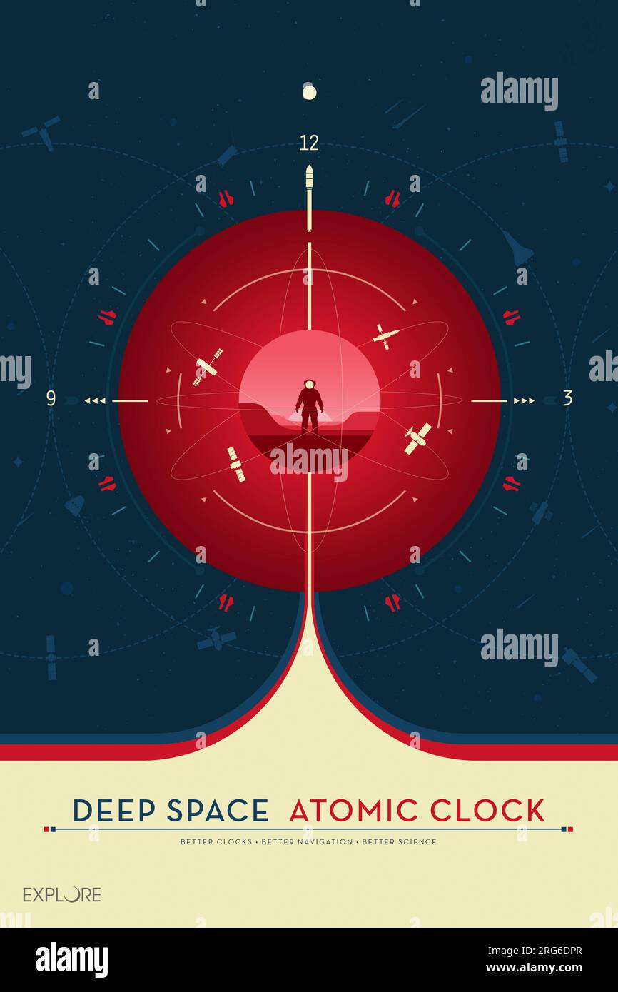 Deep Space Atomic Clock Poster, rote Version. Stockfoto