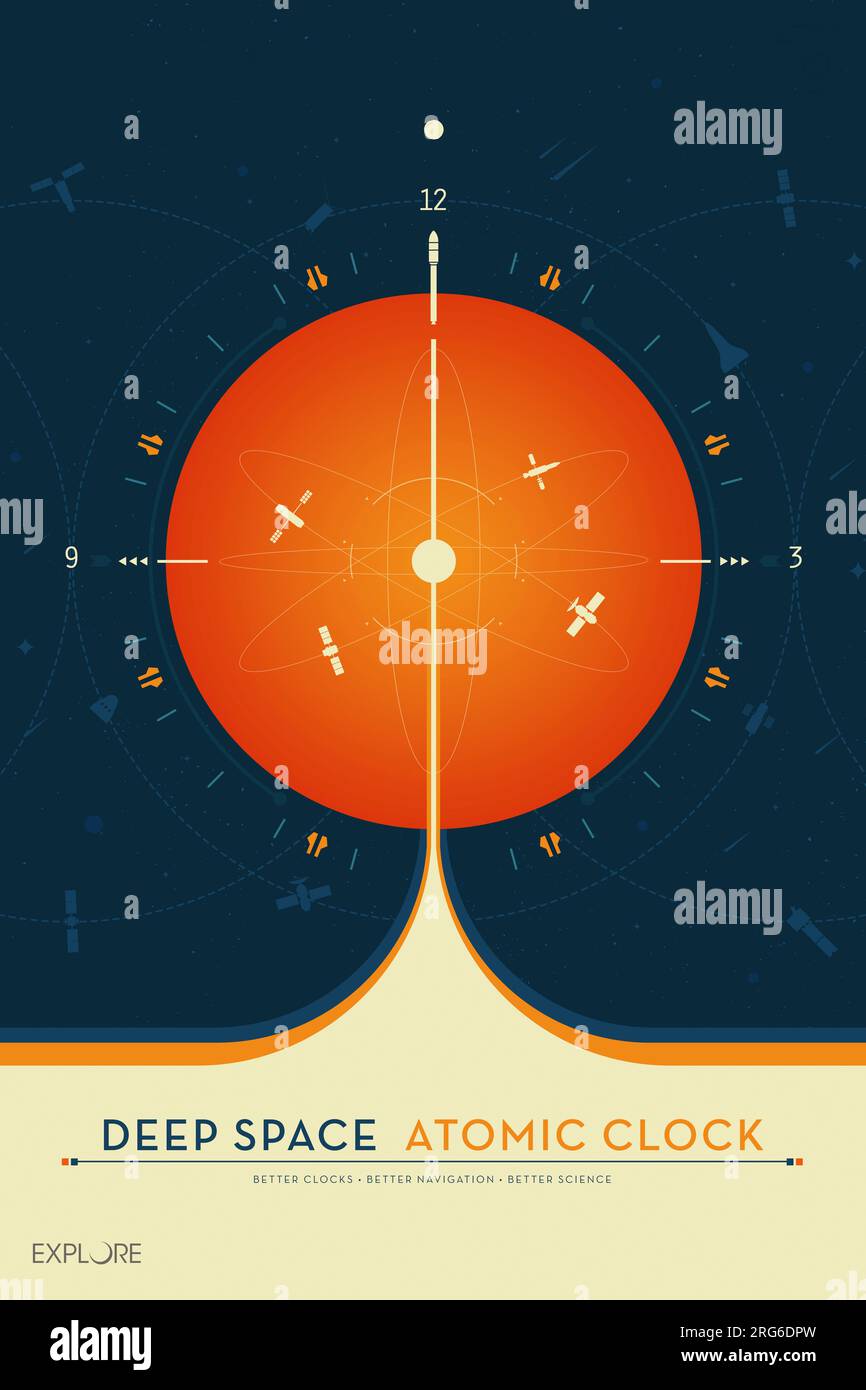 Poster „Deep Space Atomic Clock“, orangefarbene Version. Stockfoto