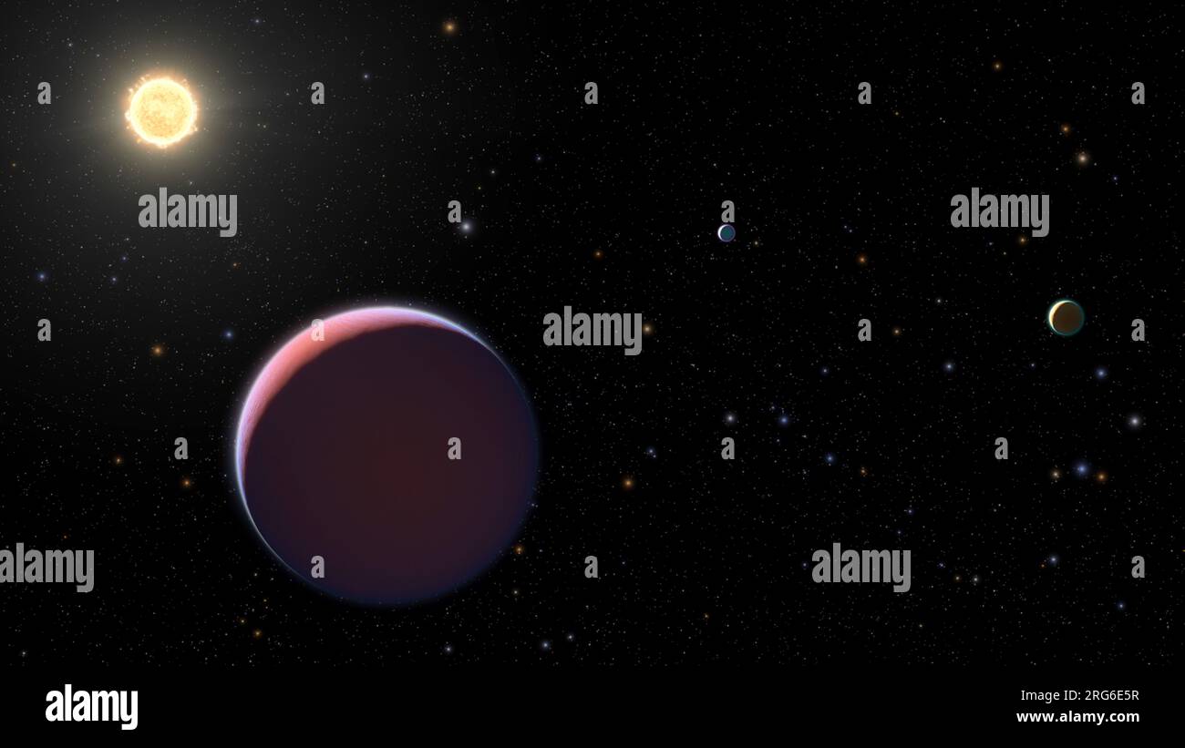 Die Abbildung zeigt den sonnenähnlichen Star Kepler 51 und drei riesige Planeten. Stockfoto