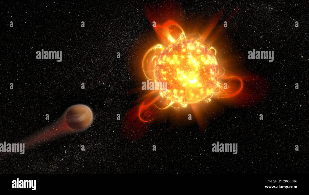 Abbildung eines jungen roten Zwerges, der die Atmosphäre von einem umkreisten Planeten entfernt. Stockfoto