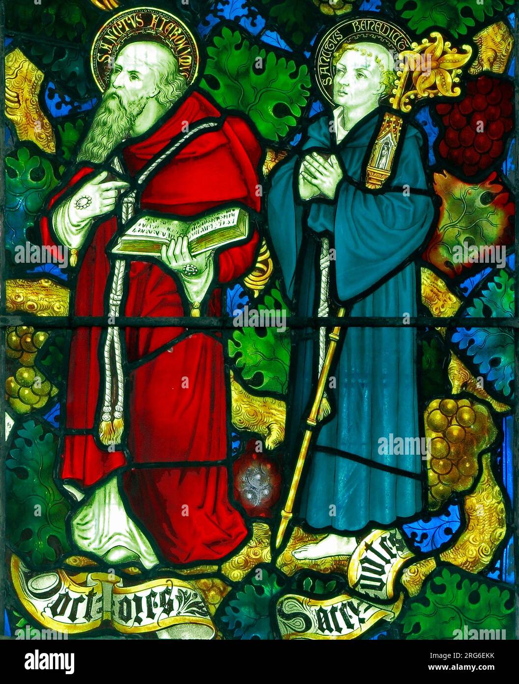 St. Jerome, St. Benedict, Buntglasfenster, von Charles Kempe, 1879, Stanhoe Church, Norfolk, England, Großbritannien Stockfoto