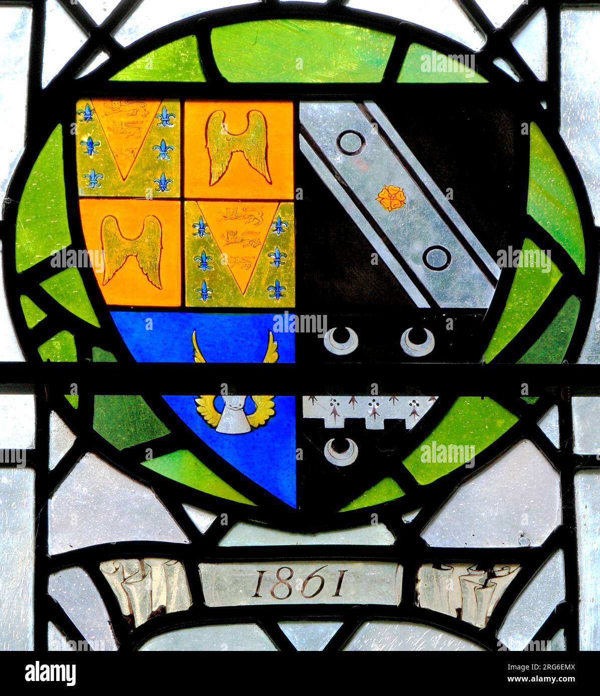 Stanhoe, Norfolk, Arms of George Henry Seymour 1861, viertzig mit den Familien Conway Glover und Hoste, heraldry, heraldisches Schildgerät, Buntglas Stockfoto