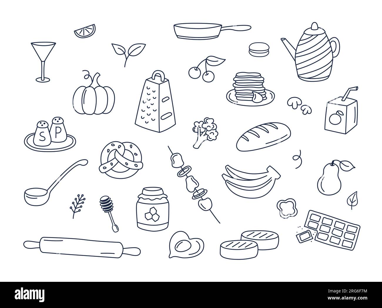 Lebensmittel und Küchenartikel Kritzeleien Vektorsatz isolierter Elemente. Kochen Doodle Illustrationen Sammlung von Utensilien, Essenszutaten, Küchengegenständen. Stock Vektor