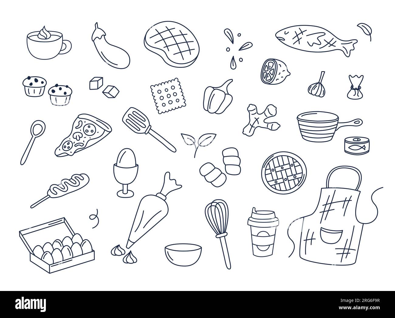 Kochen von Kritzeleien Vektorsatz isolierter Elemente. Niedliche Doodle Illustrations Sammlung von Utensilien, Küchenutensilien, Essen, Essenszutaten, Küchengegenständen Stock Vektor