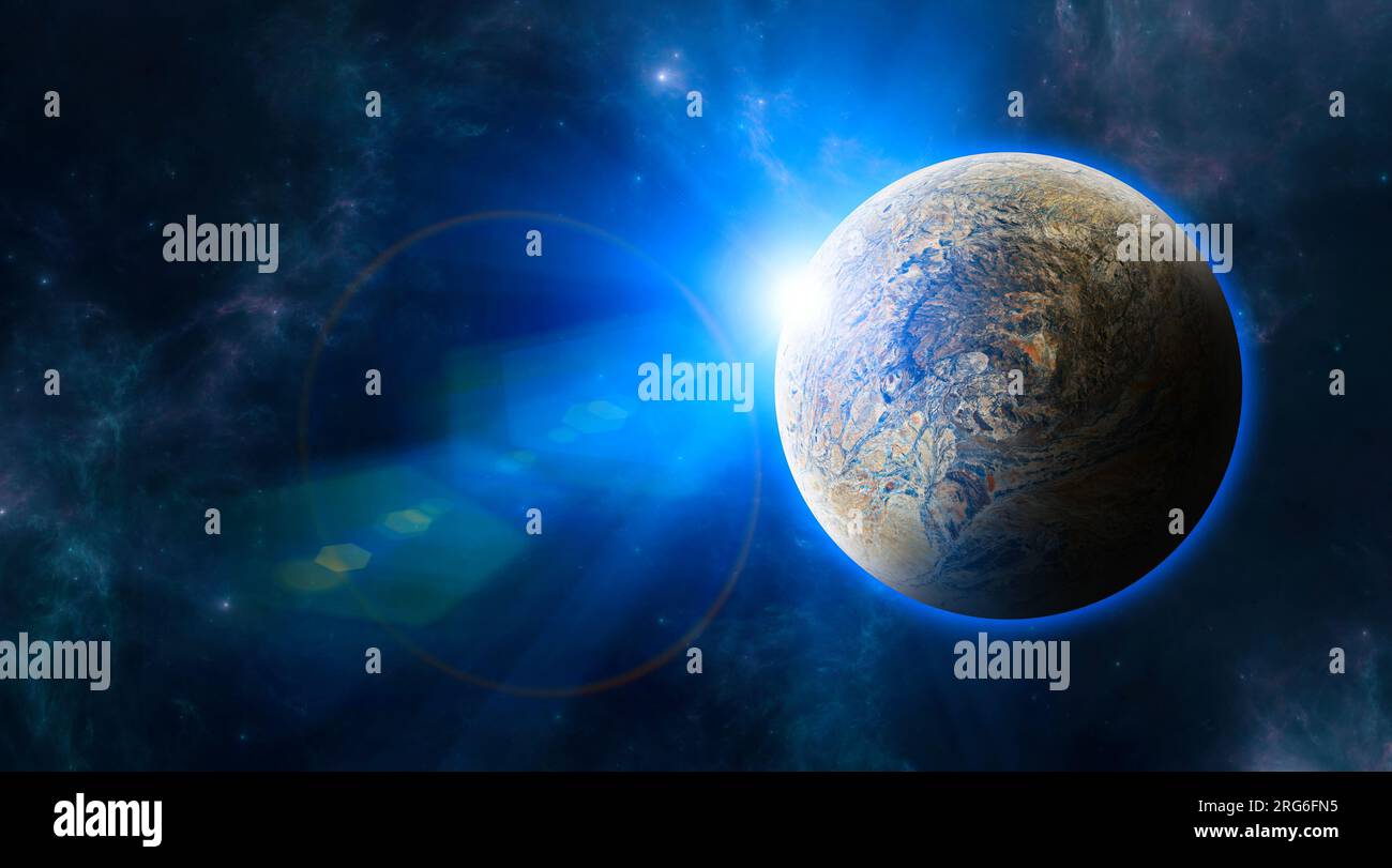 Planeten und Exoplaneten von unerforschten Galaxien. Sci-Fi. Neue Welten zu entdecken. Besiedlung und Erforschung von Nebel und Galaxien. 3D Rendern Stockfoto