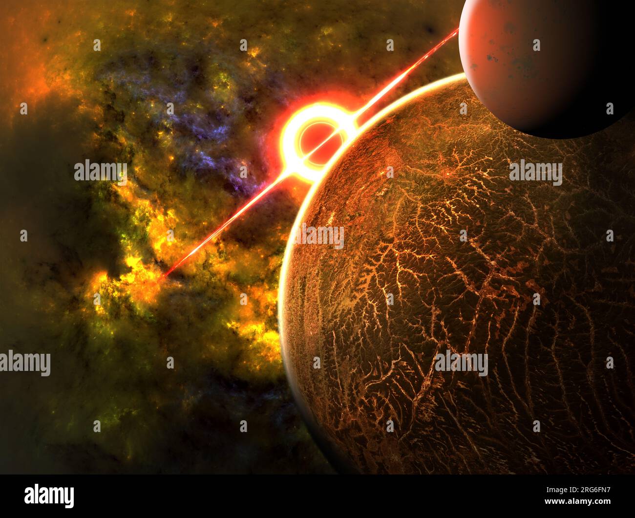 Ein Blick auf neue Welten, Außerirdische, Exoplaneten, zusätzliche Solarplaneten und neue Zivilisationen. Science-Fiction. Gravitationsfeld eines schwarzen Lochs Stockfoto