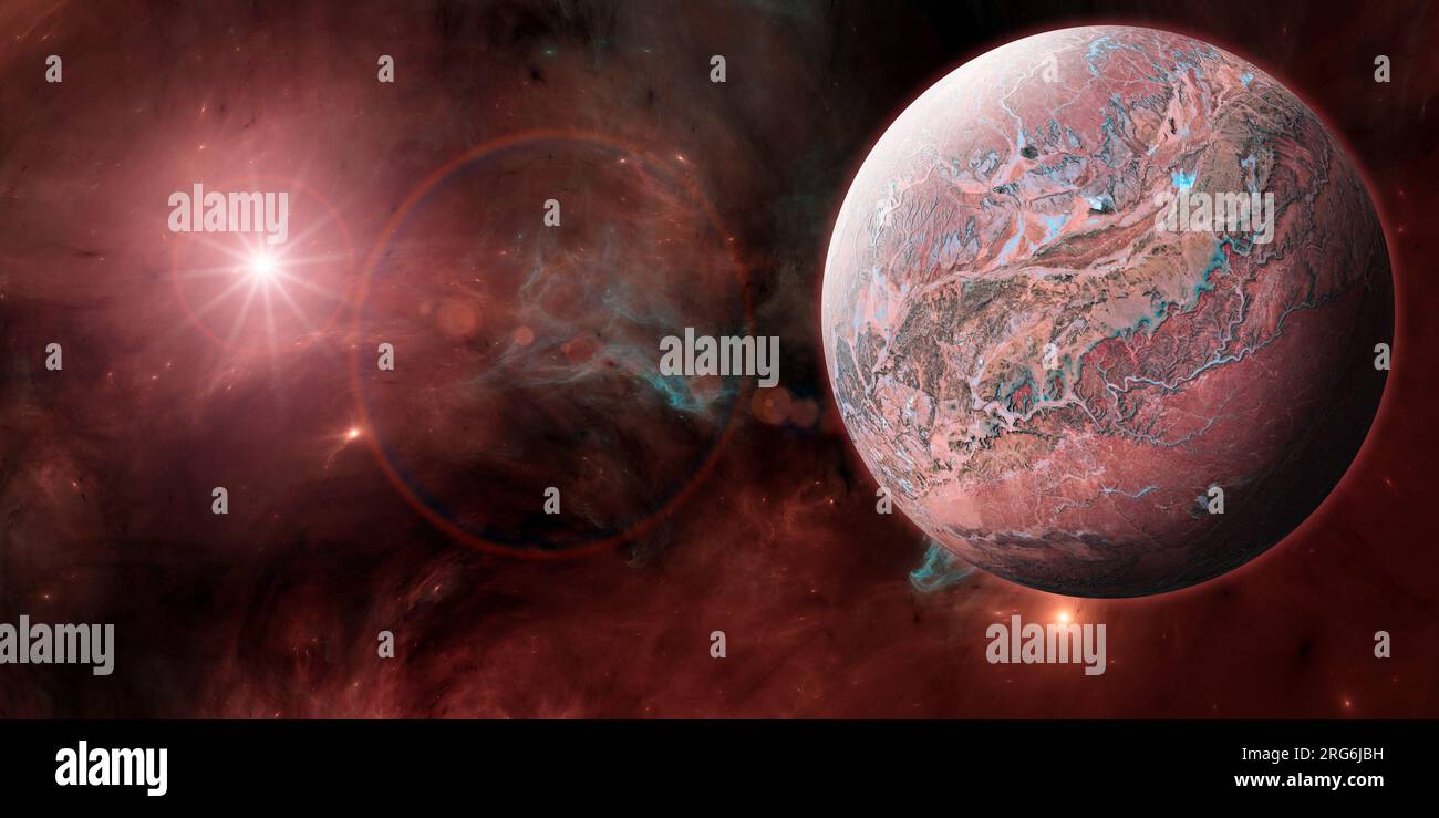 Planeten und Exoplaneten von unerforschten Galaxien. Sci-Fi. Neue Welten zu entdecken. Besiedlung und Erforschung von Nebel und Galaxien. 3D Rendern Stockfoto