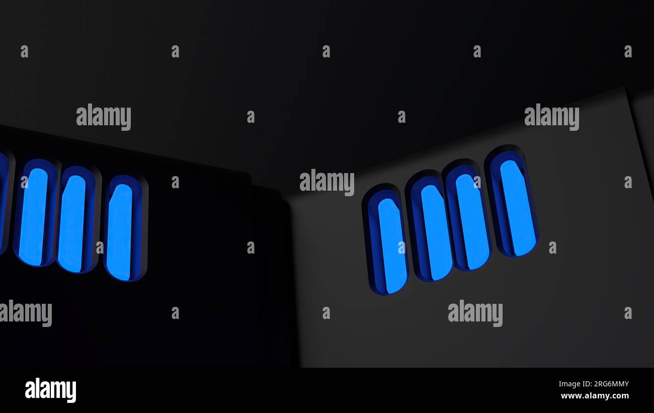 Hintergrund eines eleganten und modernen 3D-Rendering-Bildes in Blau und Schwarz mit einer Sci-Fi-Atmosphäre, kontrastreich angeordnete Akkutasten. Hohe Qualität Stockfoto