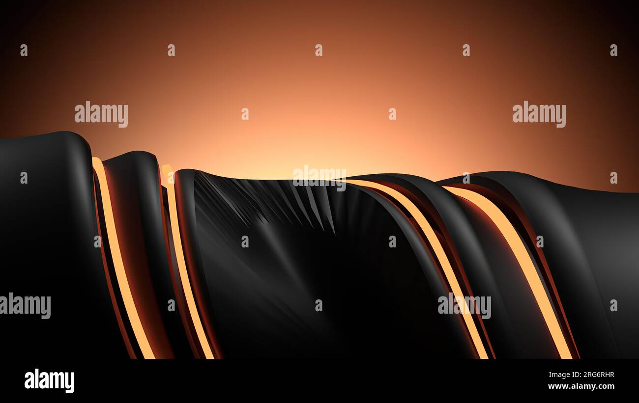 Ein verdrehtes horizontal gekrümmtes Sci-Fi-Objekt mit leuchtendem Orange und Schwarz Elegantes und modernes 3D-Rendering-Bild mit hoher Auflösung 3D-Rendering Stockfoto