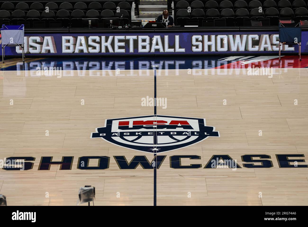 7. August 2023: Ein Blick auf das Innere des Courts vor dem Start der USA Basketball Showcase mit den USA gegen Puerto Rico in der T-Mobile Arena am 7. August 2023 in Las Vegas, NV. Christopher Trim/CSM. Stockfoto