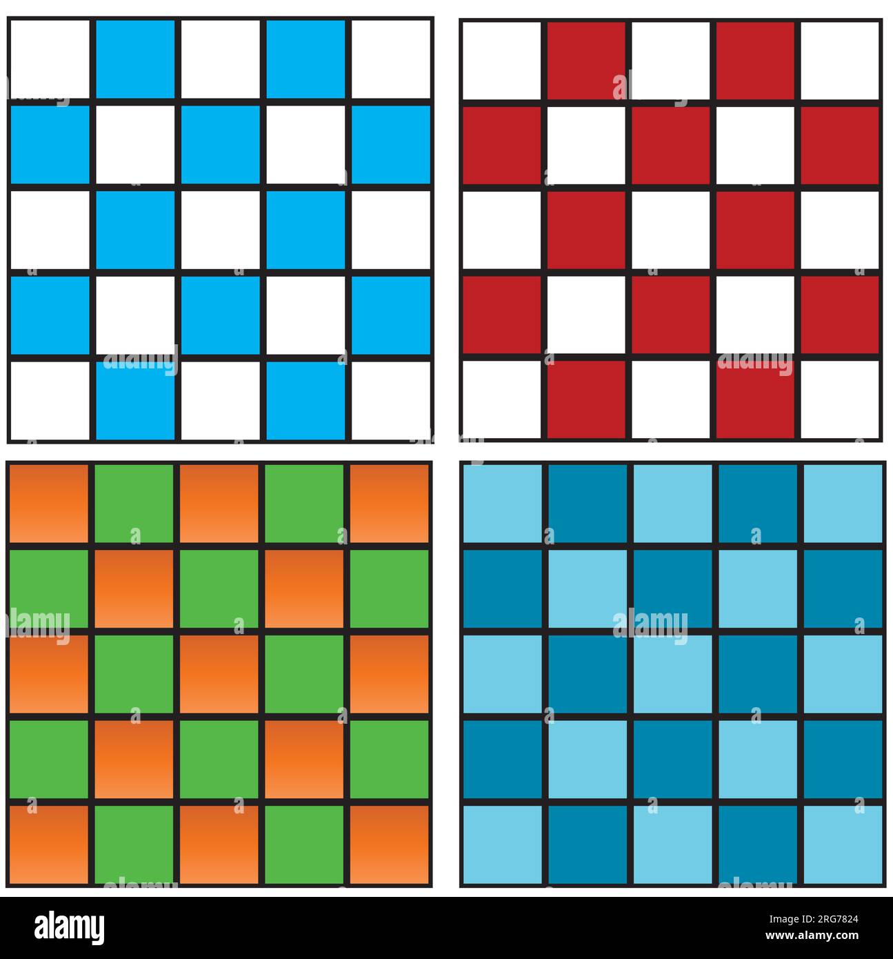 Angekreuzte Quadrate in Rot und Weiß, Blau und Weiß, auch grüne und orangefarbene Häkchen. vektorhintergrund Stock Vektor