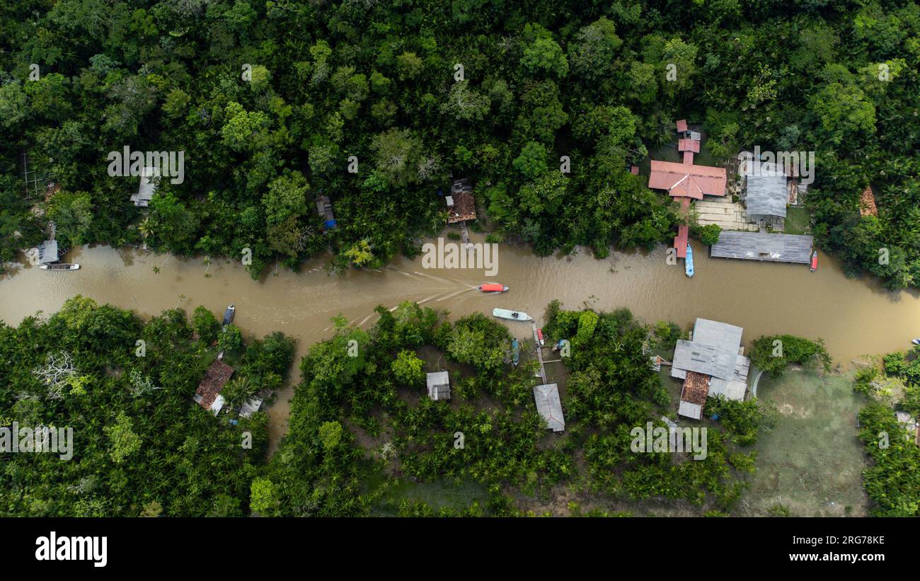 Belem, Brasilien. 07. Aug. 2023. Blick auf den Fluss Guama und die Insel Combu im Regenwald des Amazonas. Die Menschen leben am Ufer von Guama in hölzernen Hütten, die als „Palafitas“ bekannt sind. Dort leben sie vom Verkauf der Früchte der Kohlpalme, von Kakao, Fisch und vom Tourismus. Ab Dienstag werden die Staats- und Regierungschefs der südamerikanischen Amazonasländer über den Schutz des Regenwaldes in Belem, Brasilien, diskutieren. Kredit: Filipe Bispo Vale/dpa/Alamy Live News Stockfoto