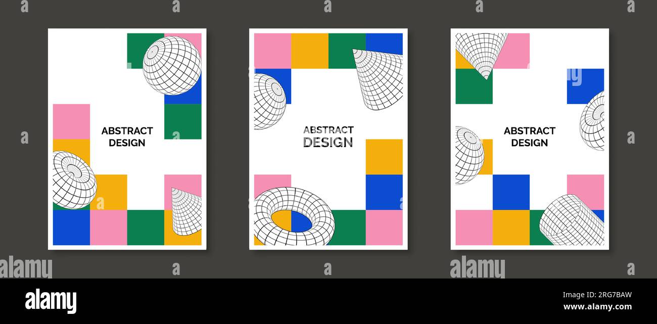 Set mit bunten, geometrischen Neo-Design-Postern. 3D Torus-, Kegel-, Zylinder- und Kugelformen auf hellem Mosaikhintergrund mit Karomuster. Set mit Retro-futuristischen Vorlagen für Deckblatt, Banner, Flyer. Vektorpaket Stock Vektor