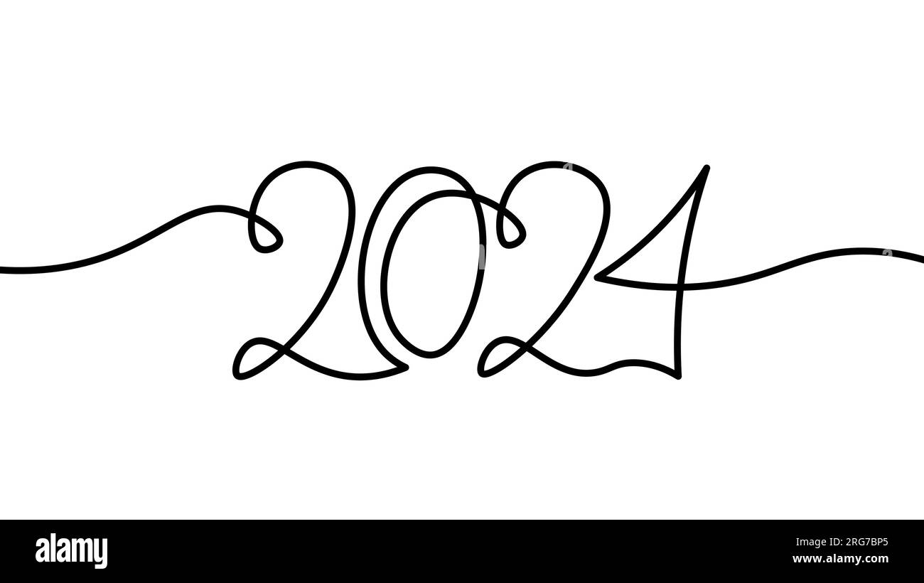 2023 Neujahr einzelne kontinuierliche Linie Kunst. Holiday Grußkarte Headline Dekoration. Datumsnummern Konzept Design. Eine Skizze umreißt Zeichnung weiß vec Stock Vektor