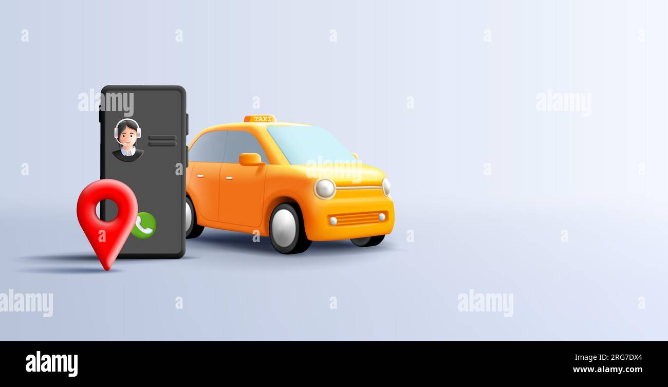 Callcenter für die Unterstützung der Straßenfahrt, 3D-Abbildung mit gelbem Auto und Smartphone und digitalem Banner mit Kartennadel Stock Vektor