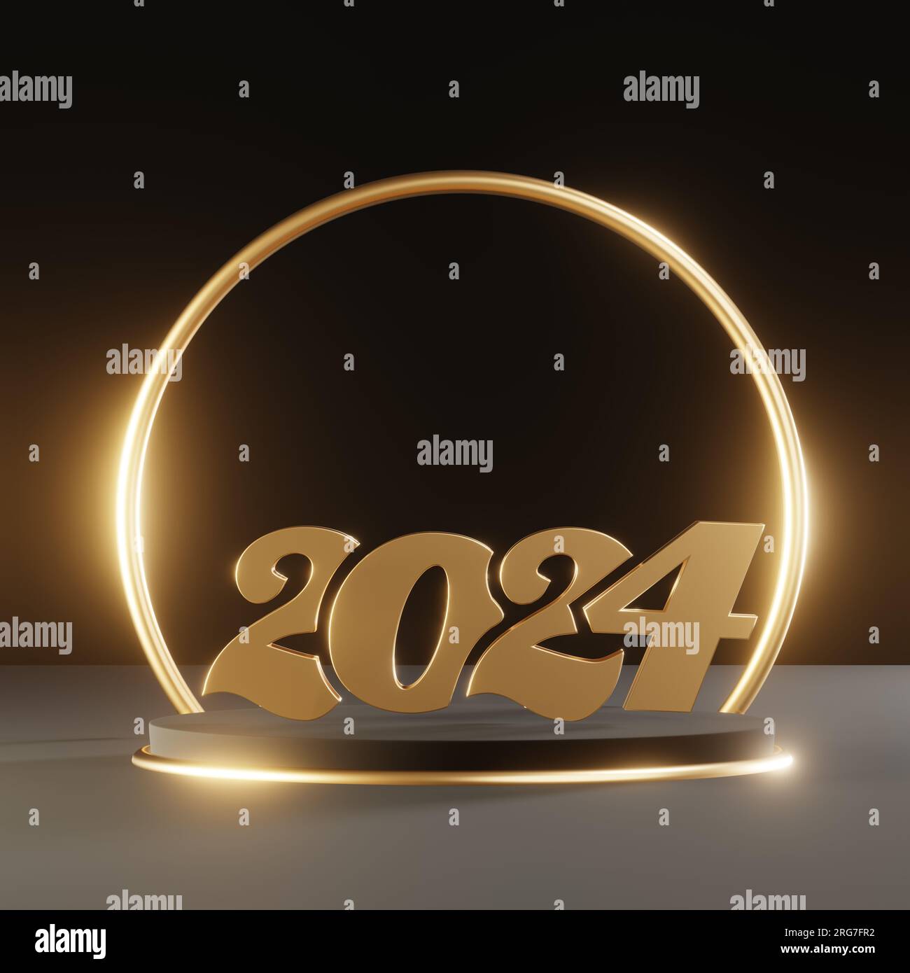 Golden 2024 auf schwarzem Hintergrund mit goldener Dekoration, Neujahrskonzept, 3D-Rendering Stockfoto
