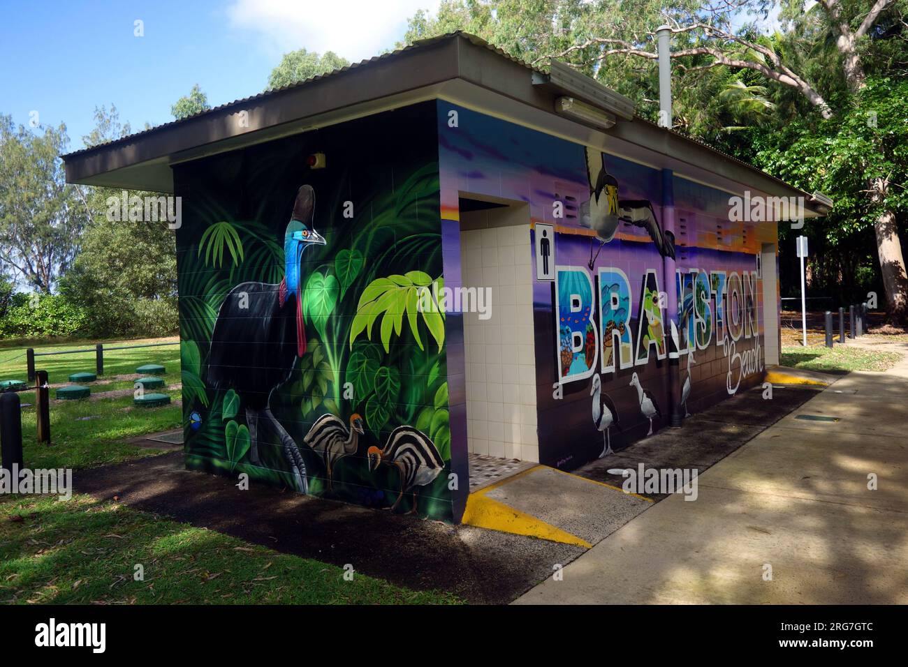 Farbenfrohe Wandbilder der einheimischen Tierwelt auf öffentlichen Toiletten, Bramston Beach, in der Nähe von Innisfail, Queensland, Australien. Keine PR Stockfoto