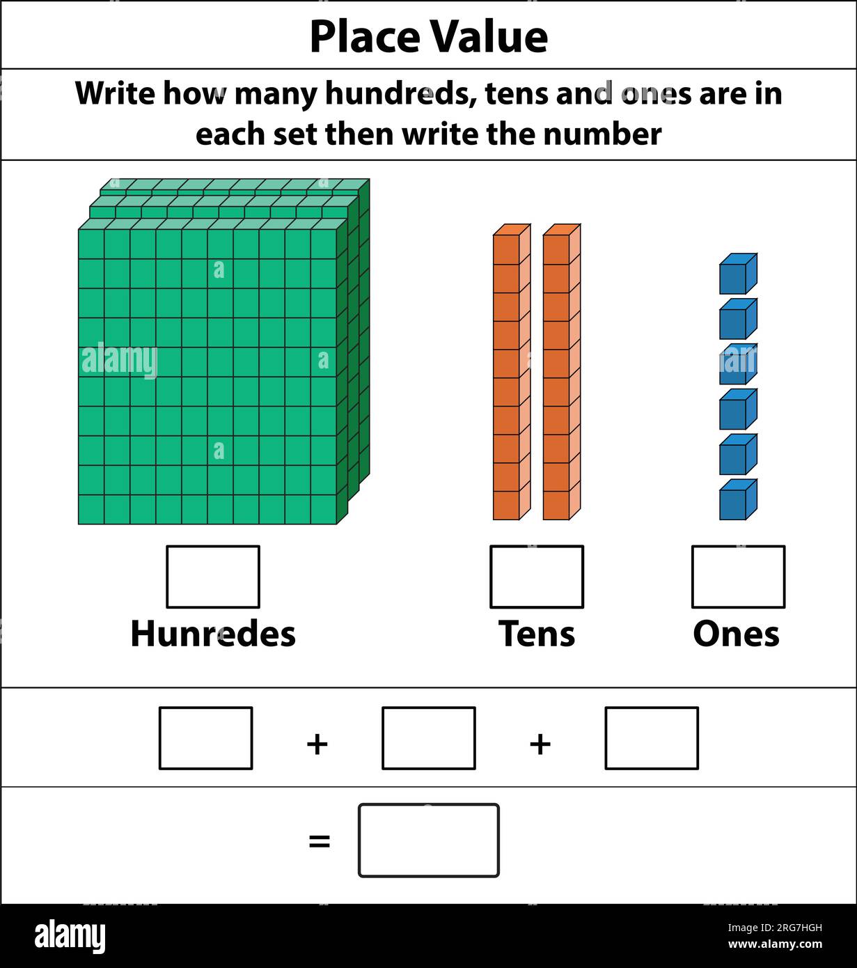 Setzen Sie Wert auf Hunderte von Zehnern und Einsen. 10 Blocks. Und Einzelblöcke. Vektordarstellung isoliert auf weißem Hintergrund. Stock Vektor