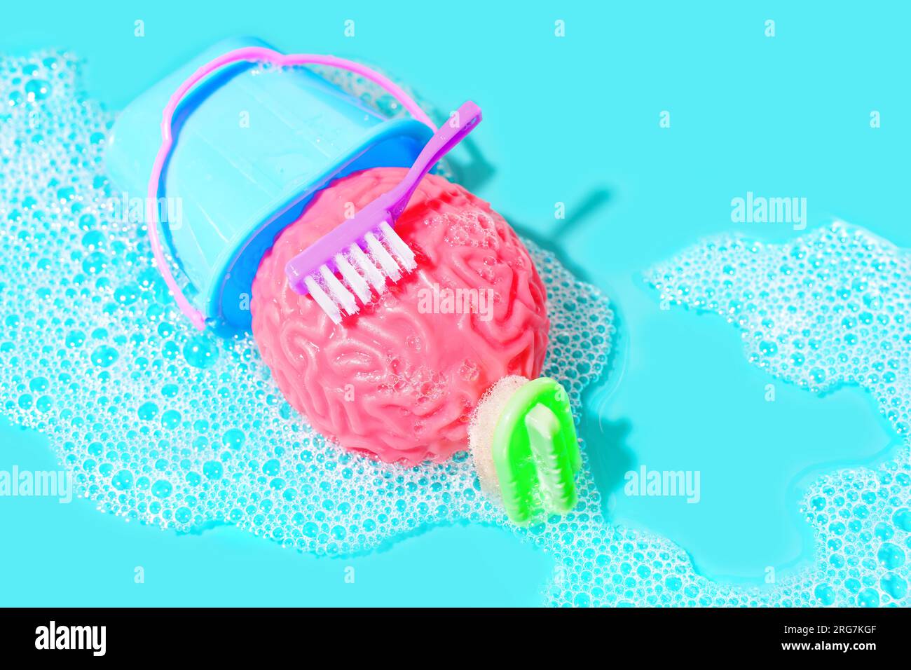 Menschliches Hirnmodell in Seifenwasser eingetaucht, begleitet von einer Auswahl an Reinigungswerkzeugen. Psychische Entspannung und Entgiftungskonzept. Stockfoto