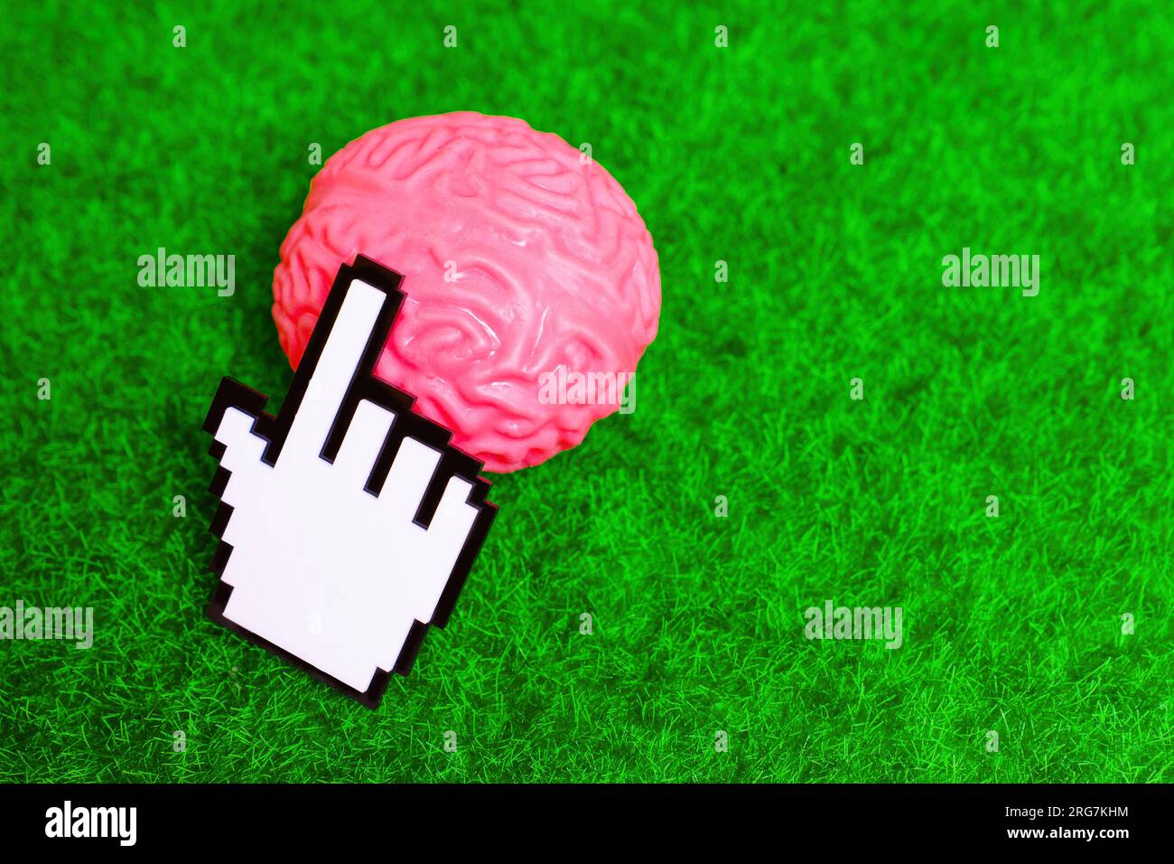 Der weiße Blockzeiger klickt auf ein Miniaturmodell des menschlichen Gehirns, das auf einer grünen Wiese platziert ist. Natur und hirngesundheitliche Beziehung. Stockfoto