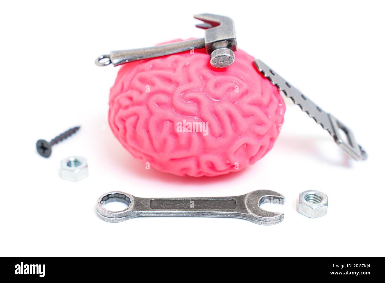 Menschliches Hirnmodell, umgeben von Miniatur-Handwerkzeugen wie Hammer, Säge, Schraubenschlüssel und Befestigungselementen, die das Konzept der Fixierung und Heilung des min symbolisieren Stockfoto
