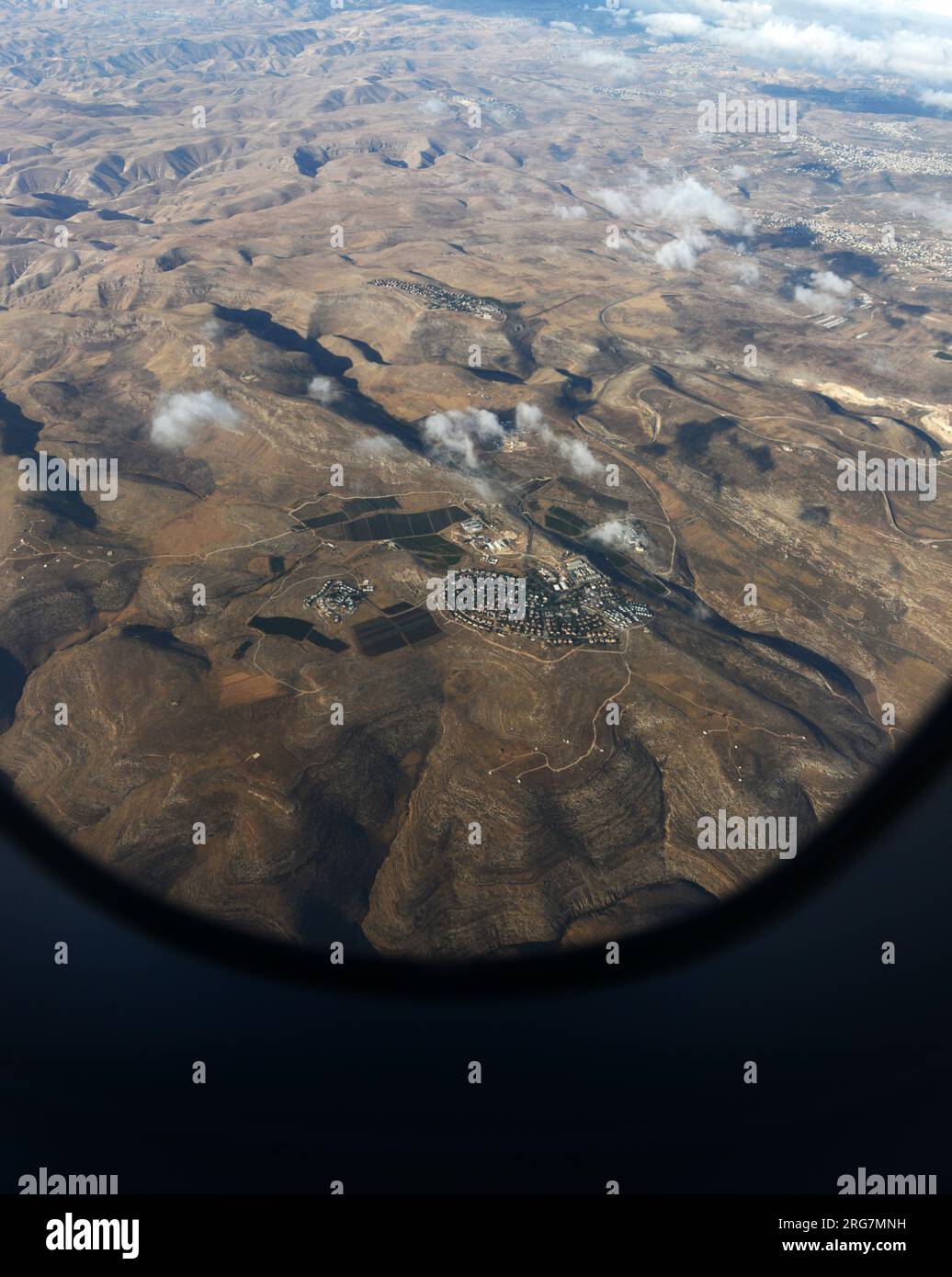 Luftaufnahme der israelischen Siedlungen Kohav Hashahar und Rimonim im Westjordanland, Israel/Palästina Stockfoto