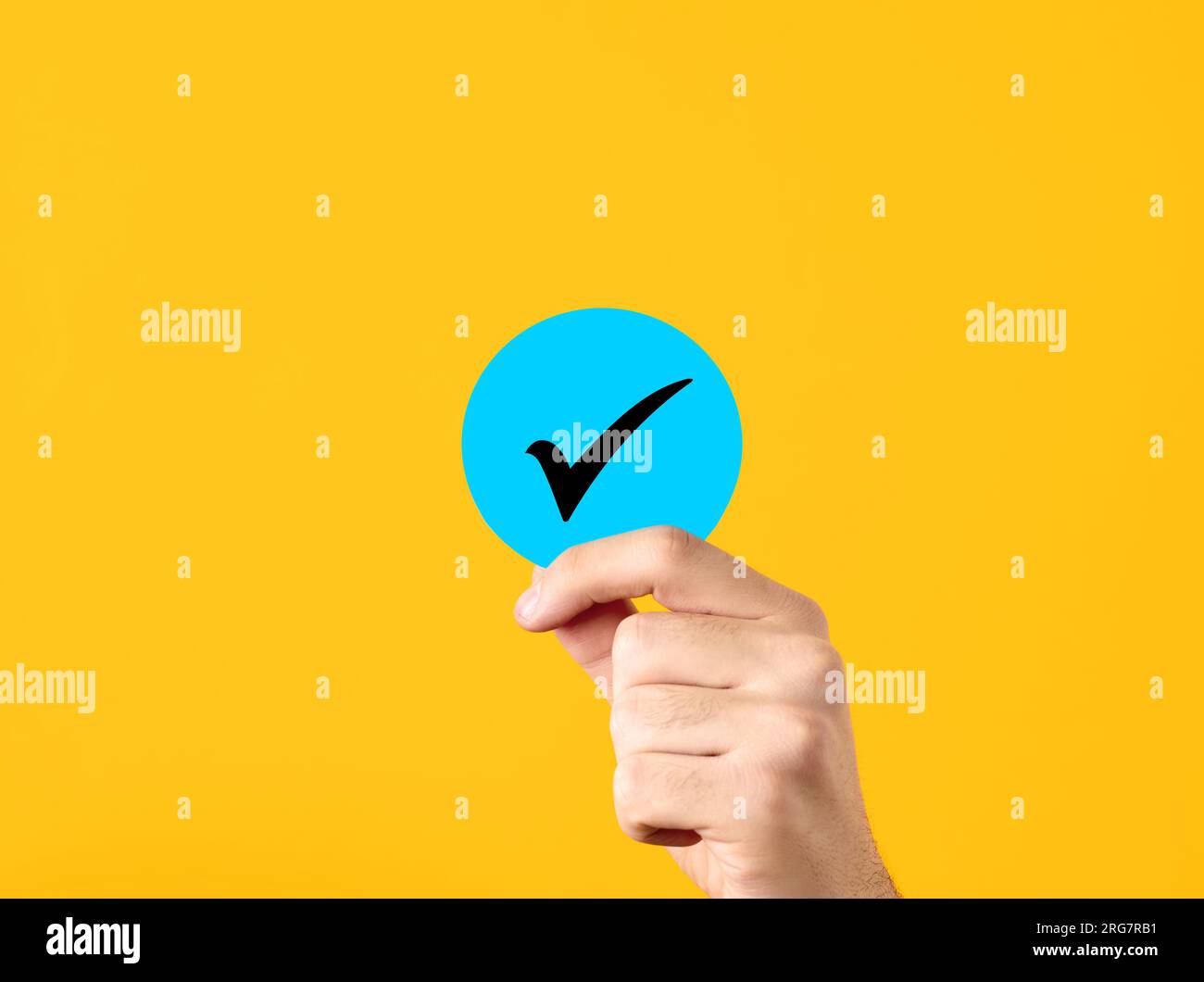 Genehmigung, Abstimmung, richtige Entscheidung oder Entscheidungskonzept. Männliche Hand mit blauem Kreis und Häkchen auf gelbem Hintergrund. Stockfoto