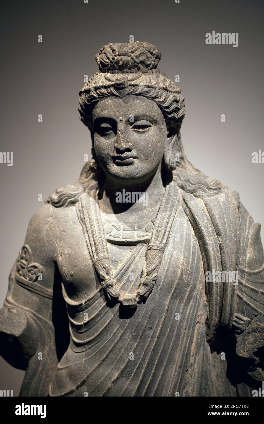 Bouddha. Skulptur, Art du Gandhara (Pakistan), 1er Siecle de l'Empire Kouchans (Kushan, Kouchane ou Kusana) (1er-3e Siecle). Musee National de Coree, Seoul (Coree du Sud). Stockfoto
