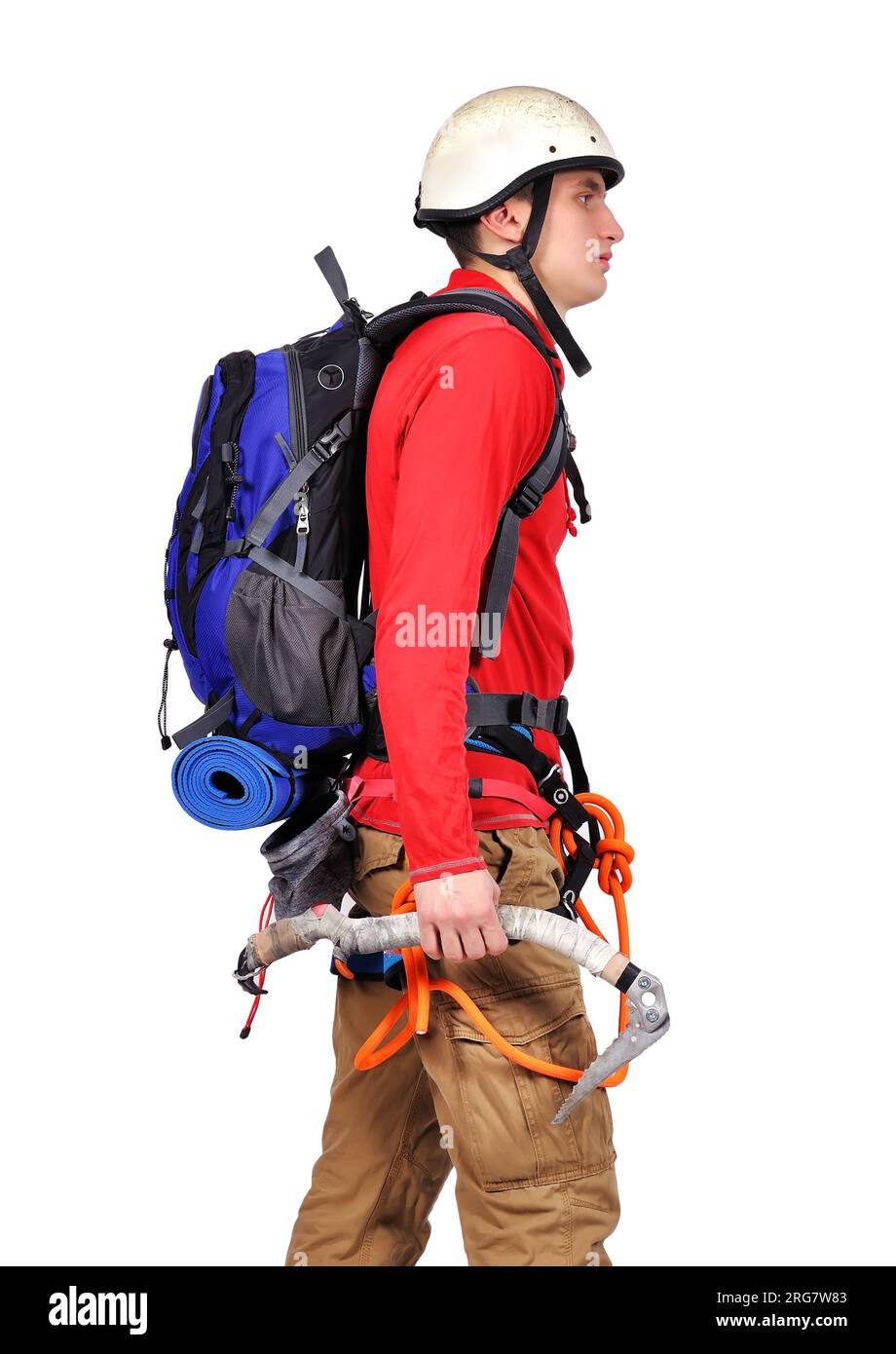 touristischen Wanderer mit Rucksack auf weißem Hintergrund Stockfoto