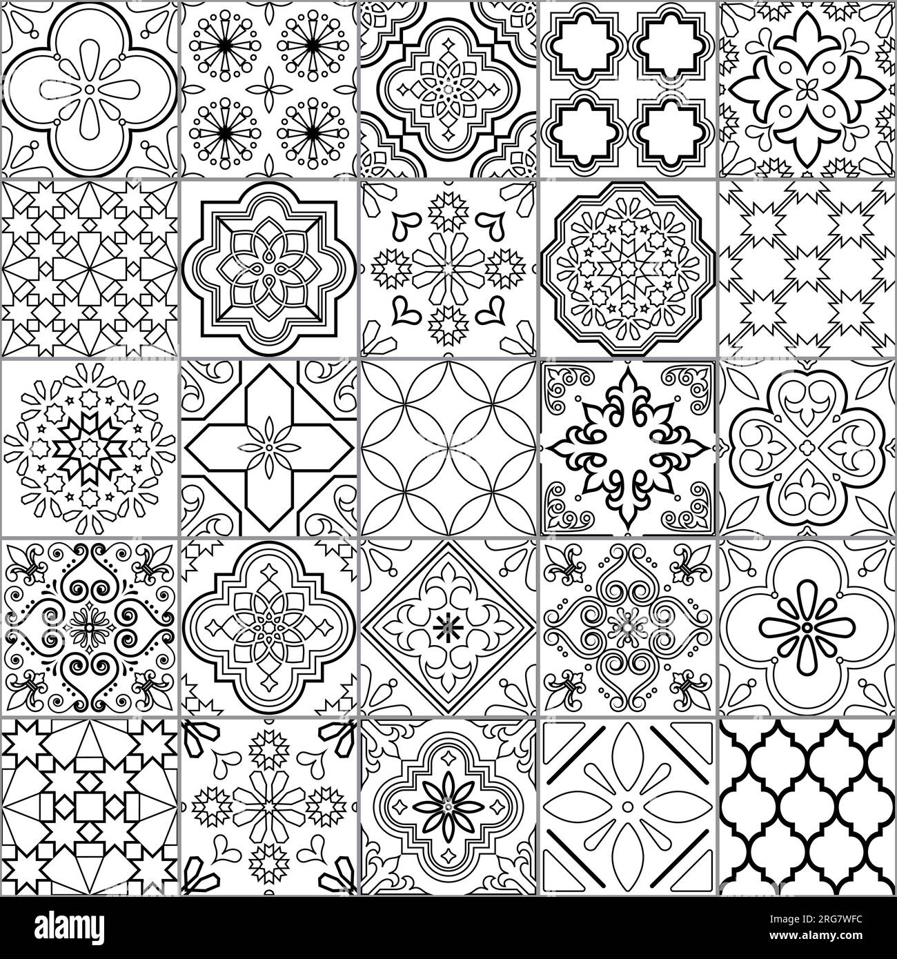 Asulejo-Fliesen nahtloses Vektormuster-Set - traditionelle Liniendesign-Kollektion inspiriert von portugiesischen und spanischen Ornamenten in Schwarz und Weiß Stock Vektor