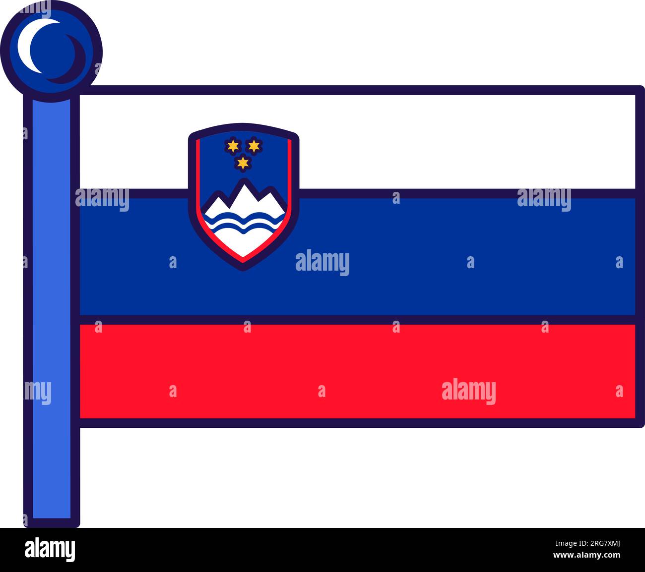 Slowenische Landesflagge auf Flaggenmast für die Registrierung der feierlichen Veranstaltung, Treffen mit ausländischen Gästen. Offizielle Flagge Sloweniens auf der Pole der teilnehmenden Staaten. Si Stock Vektor