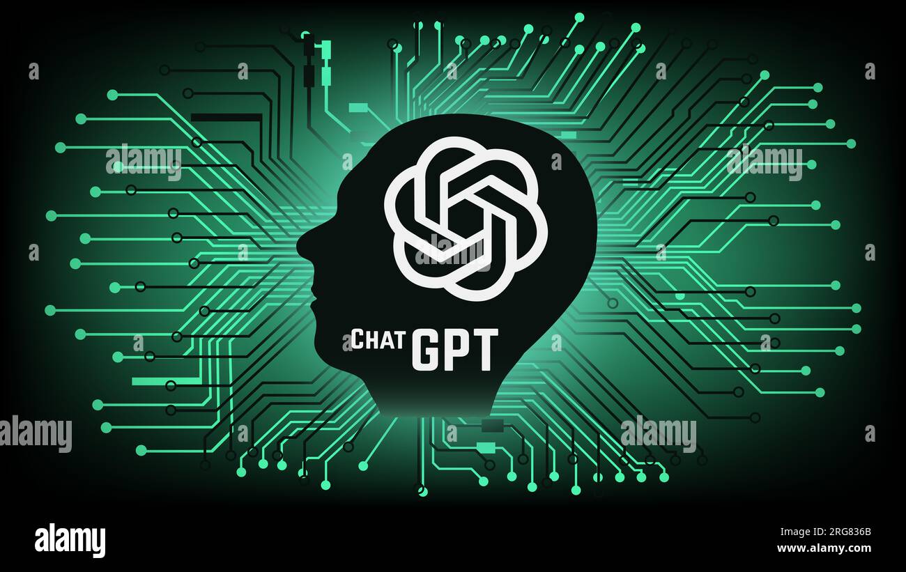 Menschlicher Kopf mit dem Logo des Programms fr knstliche Intelligenz  ChatGPT, OpenAI-Unternehmen und Leiterplattenspuren auf grnem Hintergrund.  Vektorbildbanner fr Nachrichten Stockfotografie - Alamy